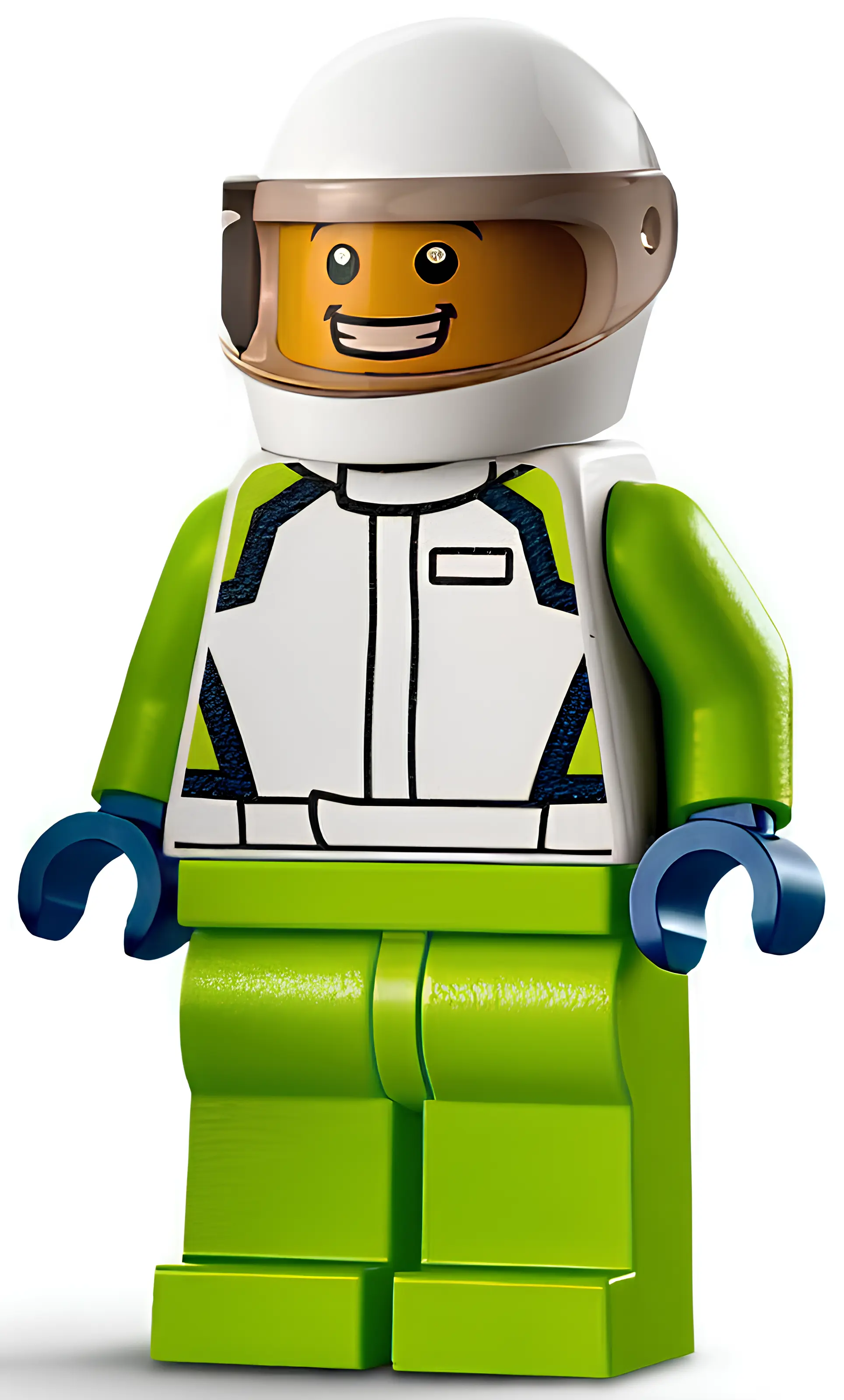 Изображение товара LEGO Минифигурка Водитель гоночной машины мужская, белая гоночная куртка и шлем Изображение товара LEGO Минифигурка Водитель гоночной машины мужская, белая гоночная куртка и шлем