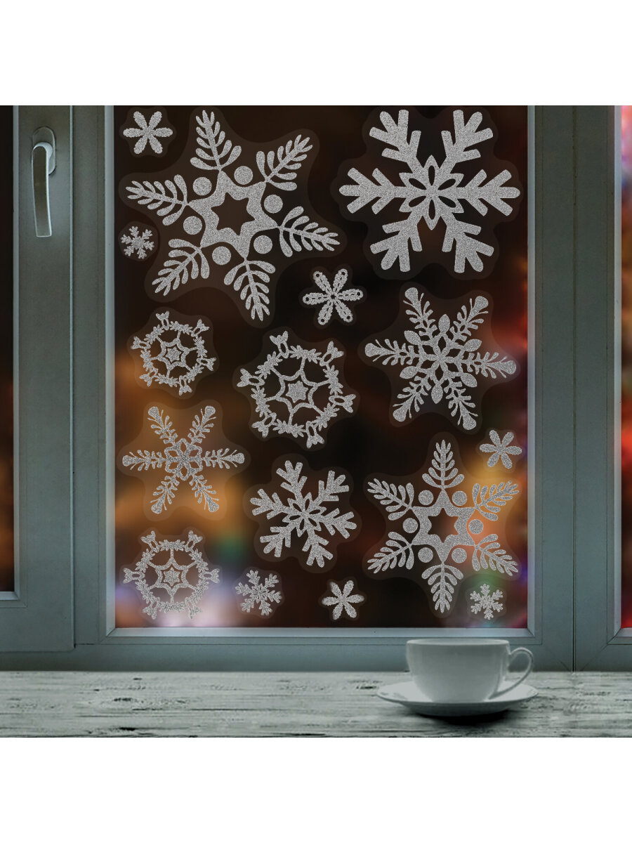 Новогодние наклейки Золотая сказка на окна и стекла многоразовые Снежинки 4 листа 30x38 см - фото 9