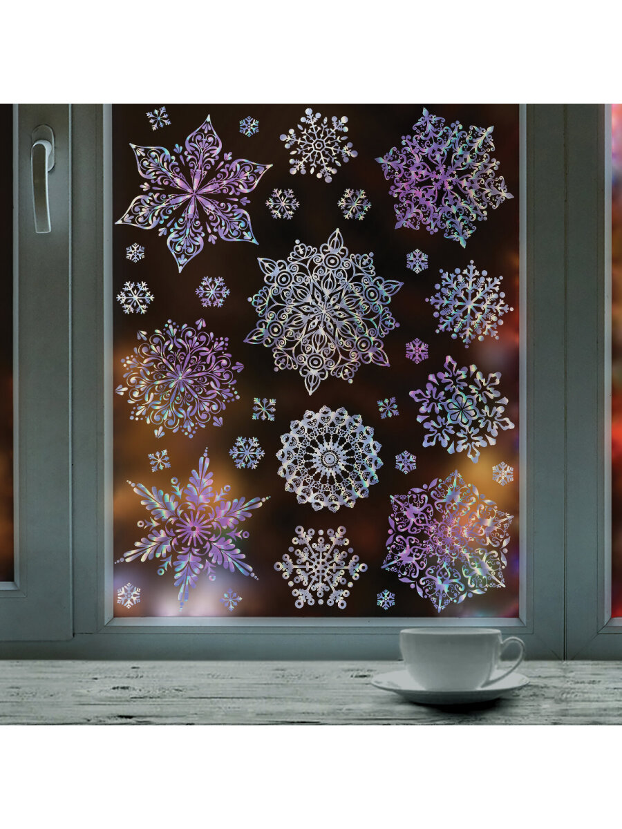 Новогодняя наклейка Золотая сказка на окна и стекла многоразовая Снежинки 30x38 см - фото 9