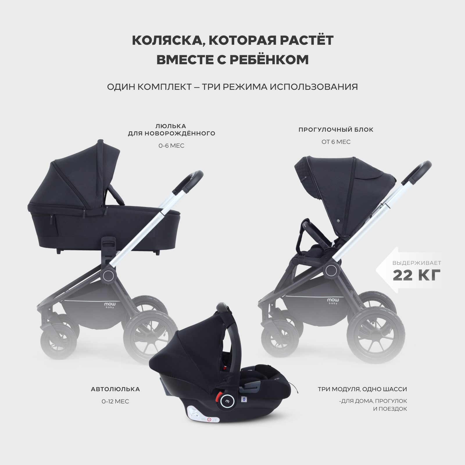 Коляска 3в1 MOWbaby Zoom air 3в1, silver black черный - фото 18