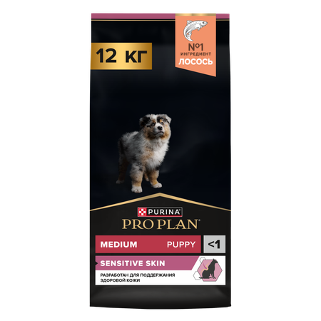 Корм для щенков PRO PLAN средних пород с чувствительной кожей с комплексом Optiderma лосось с рисом 12кг