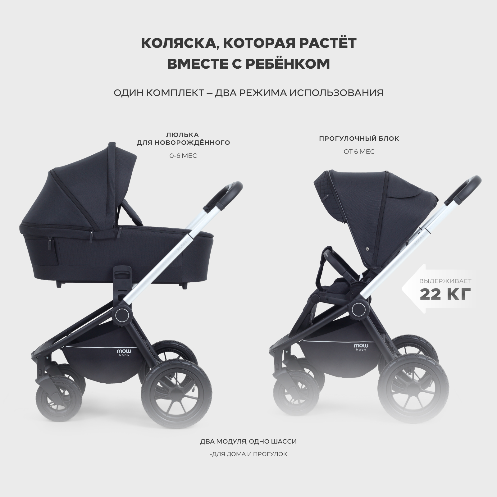 Коляска 2в1 MOWbaby Zoom air 2в1, silver black черный - фото 19