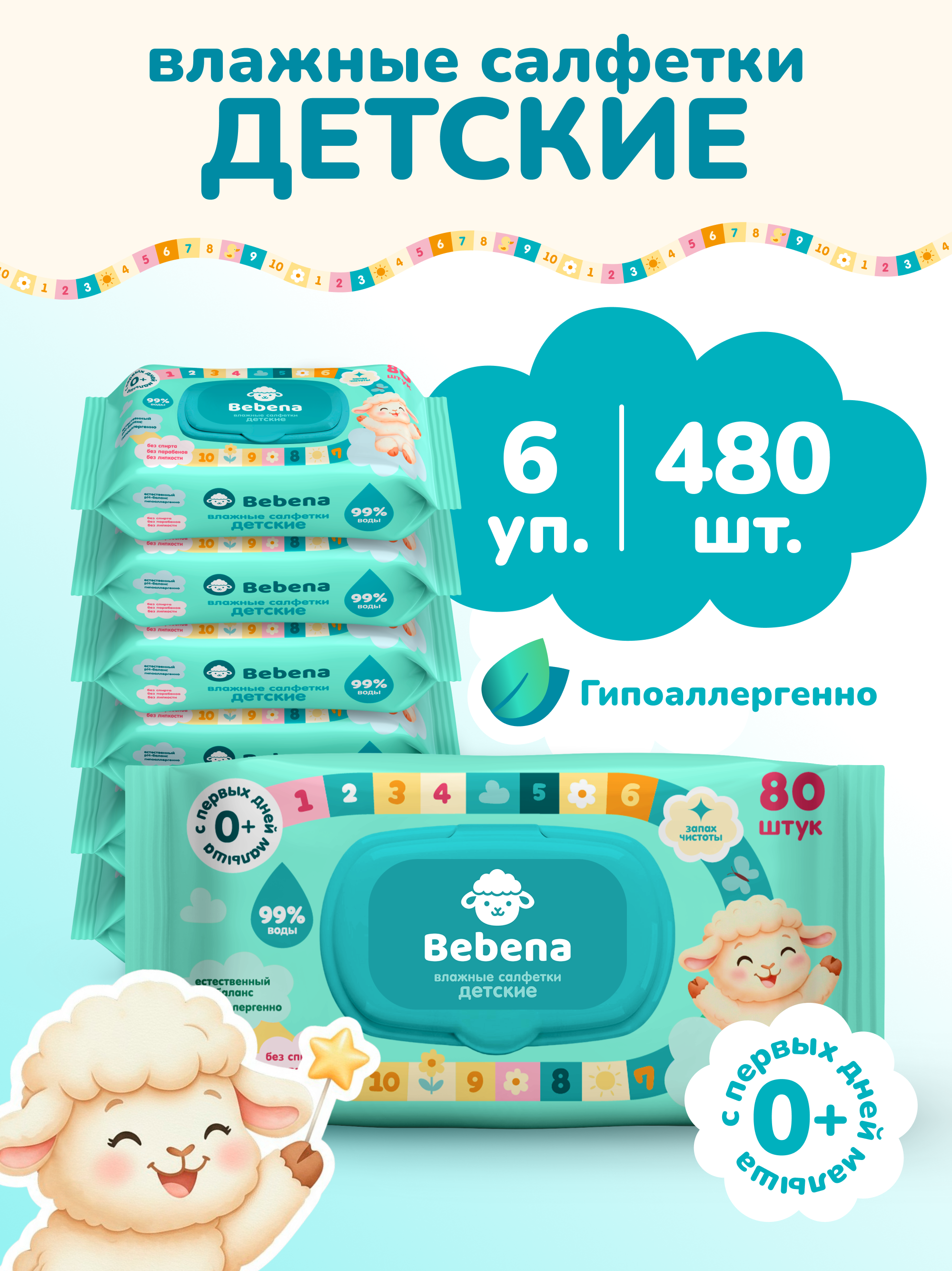 Изображение товара Детские влажные салфетки Bebena 6 упаковок по 80 шт. гипоаллергенные