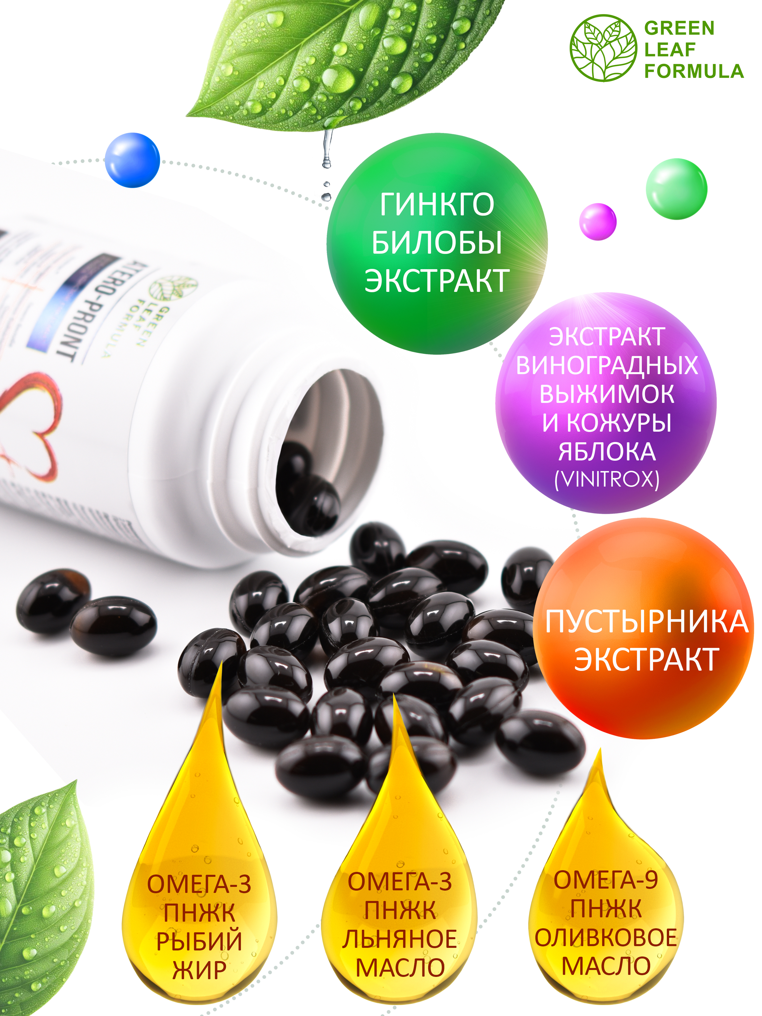 Витамины для сердца и сосудов Green Leaf Formula для мозга и нервной системы для спорта 790 мг 60 капсул - фото 3