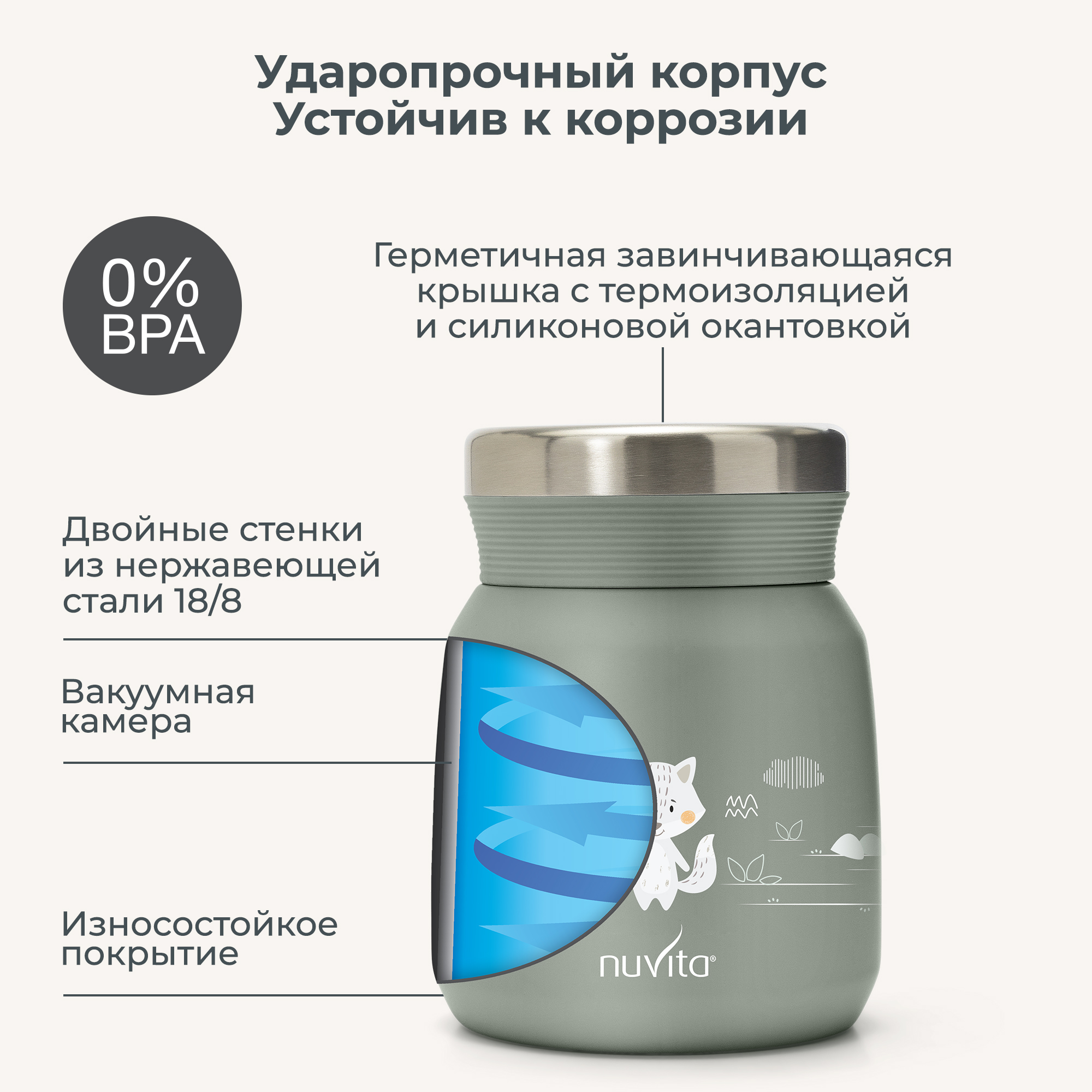 Термос детский для еды и жидкостей Nuvita с широким горлом маленький 300 мл, серо-зеленый - фото 2