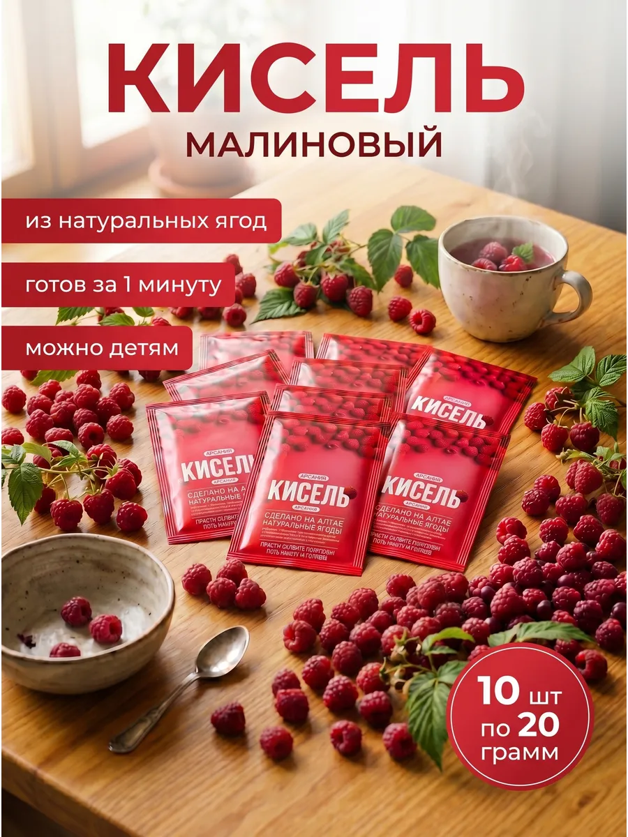 Кисель малиновый быстрорастворимый АРСАНИЯ с натуральными ягодами и витаминами сухой без варки - фото 1