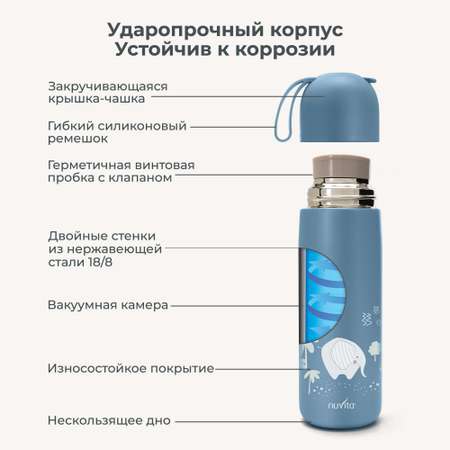 Термос детский для воды, чая, напитков Nuvita с кружкой и силиконовой ручкой 400 мл синий