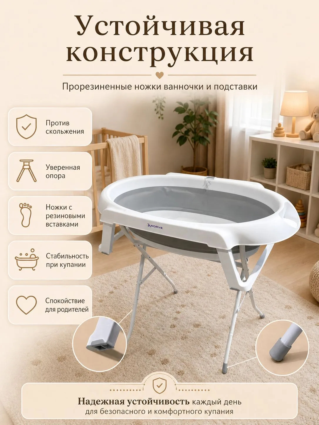 Ванночка, подставка для ванночки NORVE ванночка для купания складная, с матрасиком белый - фото 13