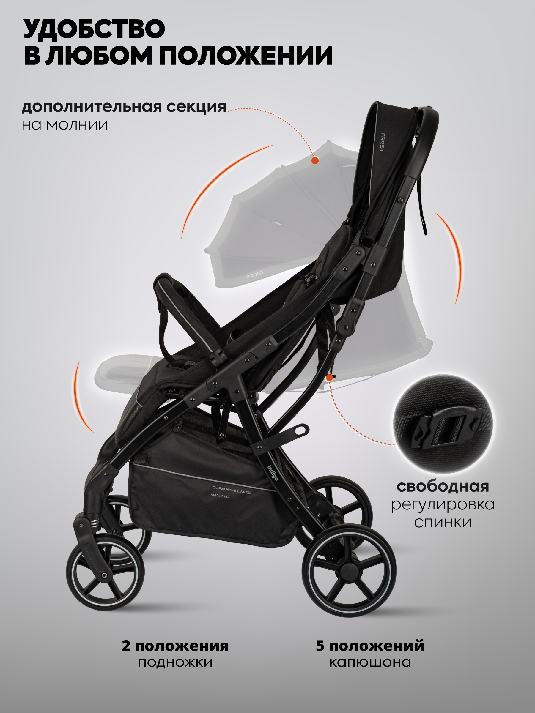 Коляска прогулочная Indigo Frost для путешествий черный - фото 5