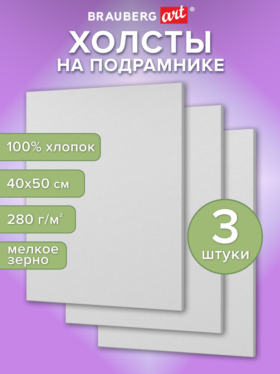 Холст для рисования Brauberg на подрамнике 40х50 см грунтованный 100% хлопок набор 3 штуки - фото 1