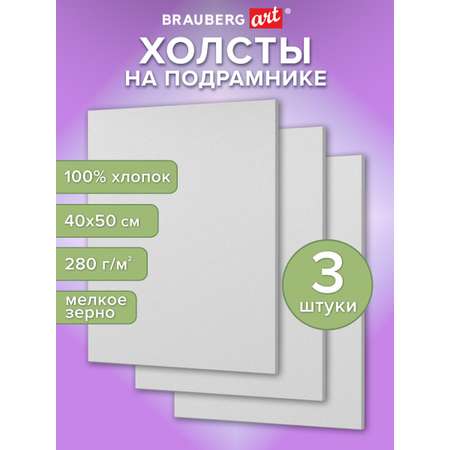 Холст для рисования Brauberg на подрамнике 40х50 см грунтованный 100% хлопок набор 3 штуки