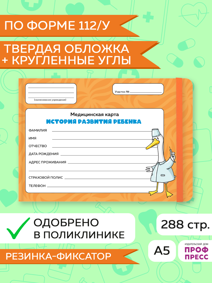 Медицинская карта Проф-Пресс детская с резинкой твердая обложка 218х153 мм. Гусь - фото 1