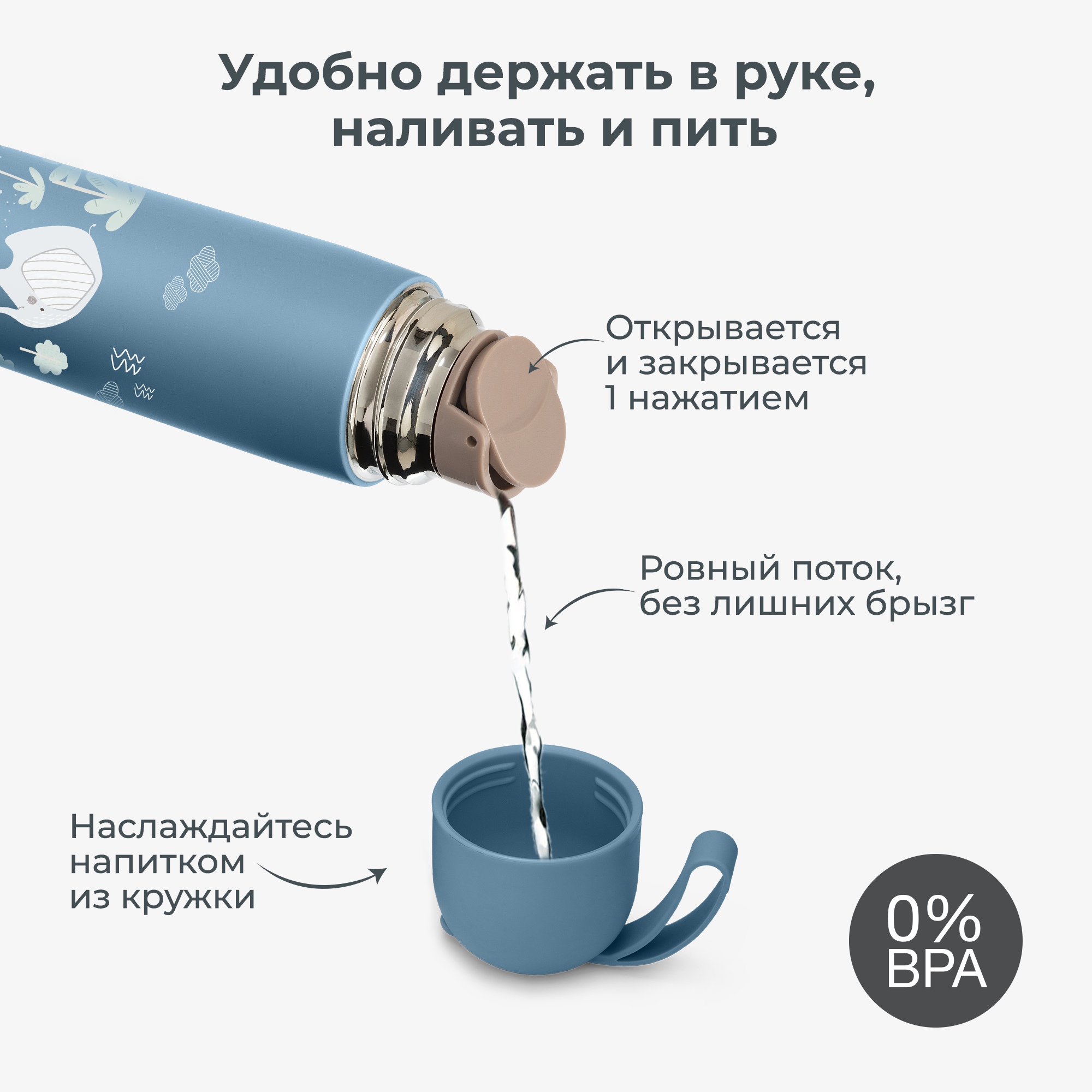 Термос детский для воды, чая, напитков Nuvita с кружкой и силиконовой ручкой 400 мл синий - фото 6