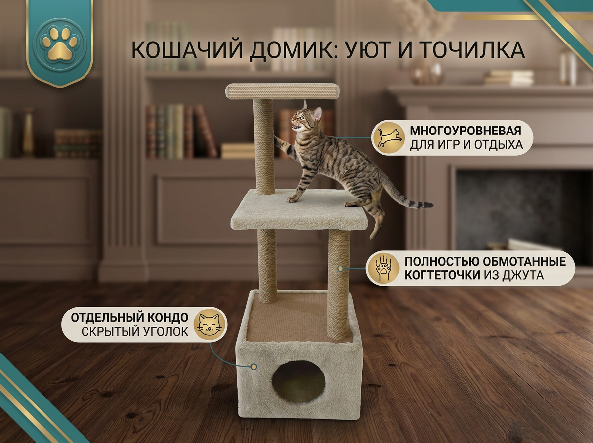 Домик для кошек Sima-Land с двумя полками тёмно-бежевый - фото 1