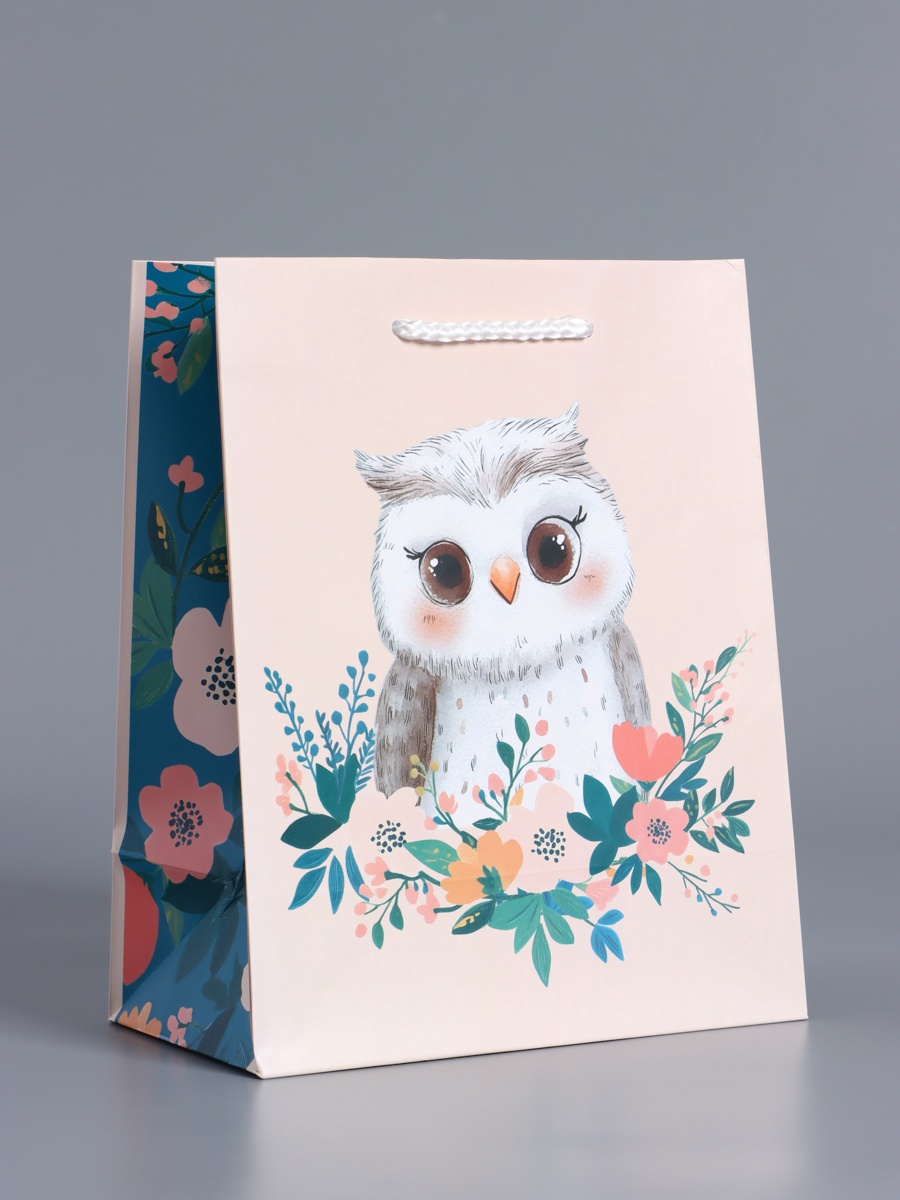 Пакет подарочный Арт и Дизайн Мудрая совушка бежевый - бирюзовый 18×22.3×10 см - фото 1