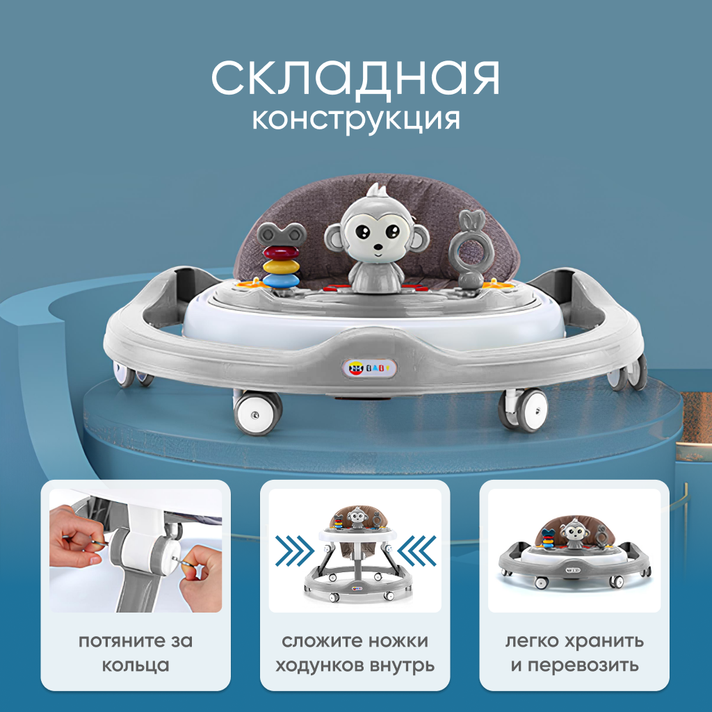 Ходунки детские для мальчиков и девочек Solmax к с игровой панелью складные, музыкальная каталка для малышей, серые - фото 6
