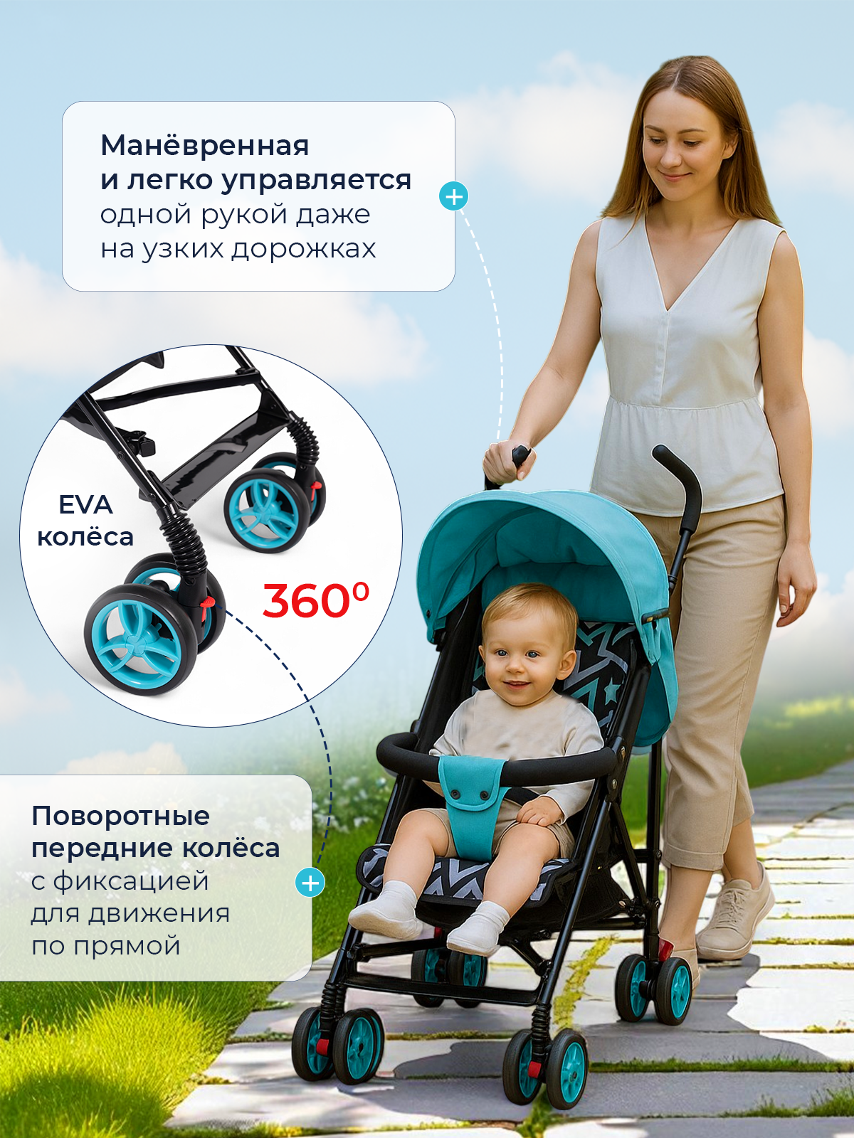 Коляска прогулочная TOMMY Love бирюзовый - фото 3