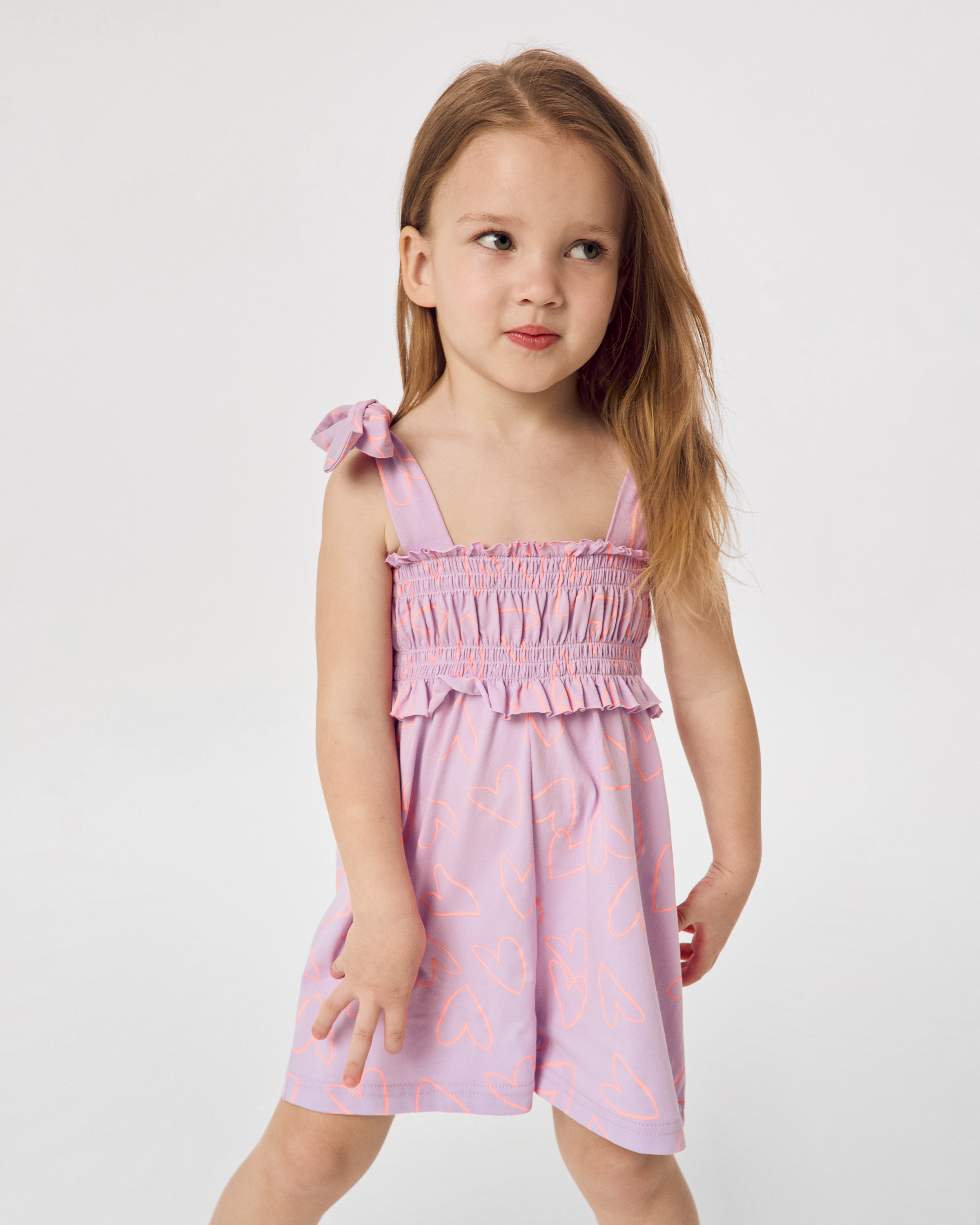 Изображение товара Полукомбинезон BabyGo 86 сиреневый - хлопковый, шорты, принт сердечки