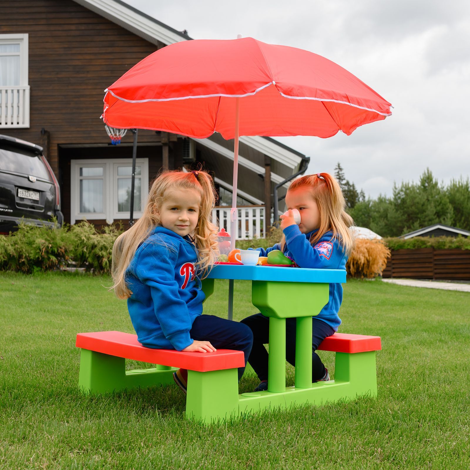 Стол детский с лавочками и зонтом UNIX Kids Garden комплект детской мебели пластиковый для дачи и улицы со столиком, 67 х 75 х 135 см, голубой - фото 9