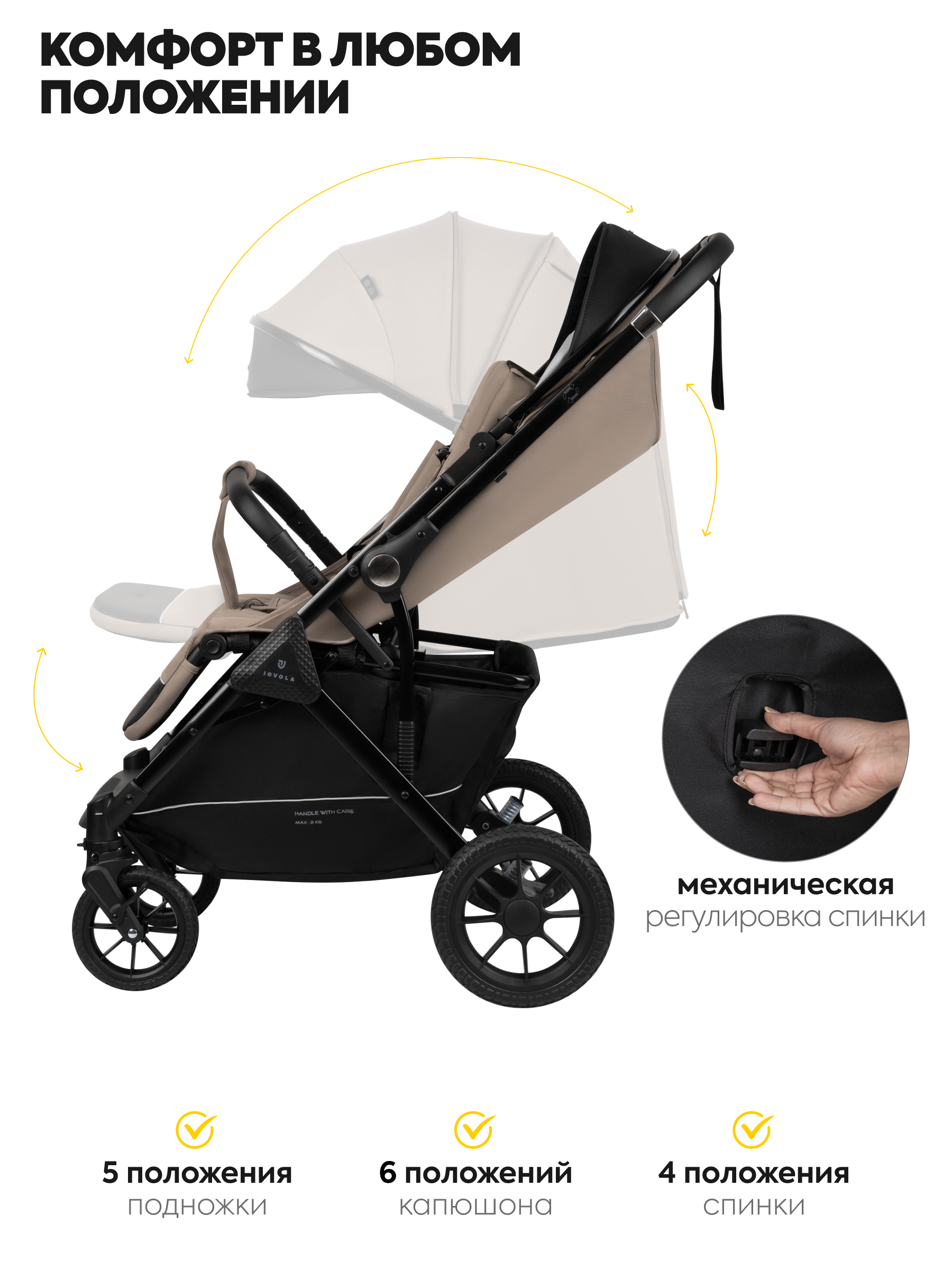 Коляска прогулочная JOVOLA Magma с перекидной ручкой бежевый - фото 7