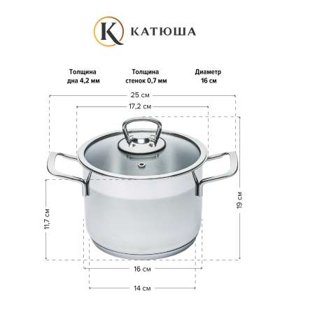 Кастрюля Катюша нержавеющая сталь 16х12 см 2.1 литра София стеклянная крышка
