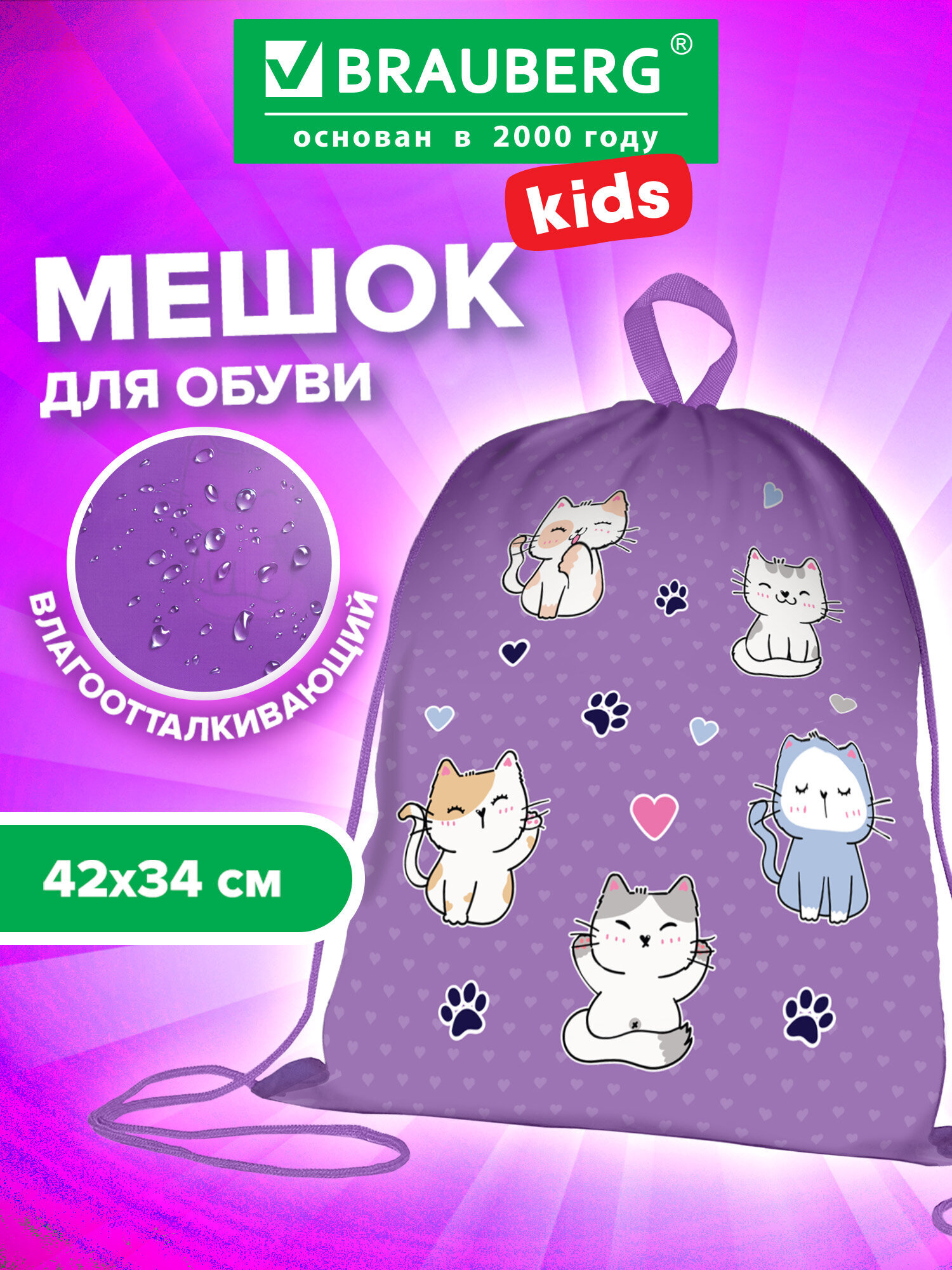 Изображение товара Мешок для обуви Brauberg KIDS с ярким дизайном Playing kittens 42х34 см Изображение товара Мешок для обуви Brauberg KIDS с ярким дизайном Playing kittens 42х34 см