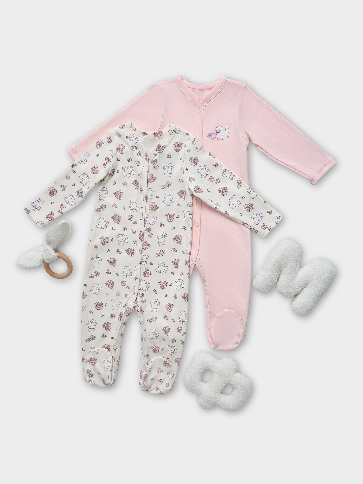 Комбинезон 2 шт Mark Formelle (Марк Формэль) 14005-2/котики с цветами на молочном +розовый - фото 1