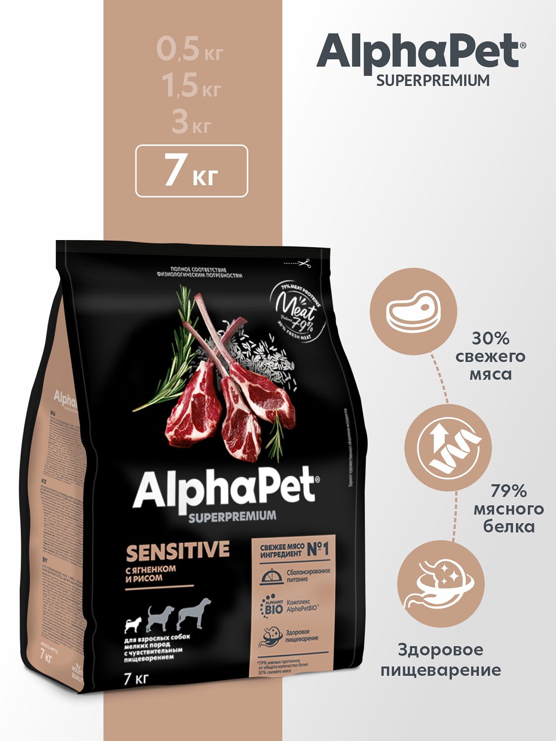 Корм для взрослых собак мелких пород AlphaPet с чувствительным пищеварением Superpremium сухой с ягненком и рисом 7кг - фото 1