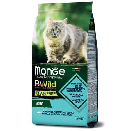 Корм для кошек MONGE BWild Grain free из трески картофеля и чечевицы 1.5кг