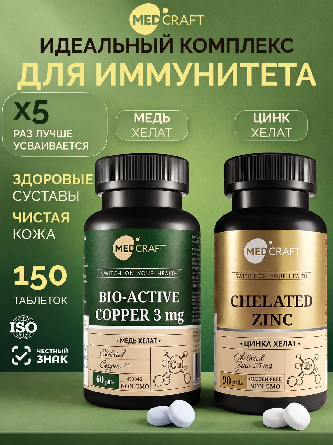 Комплекс витаминов Медь 3 мг Цинк хелат MedCraft 150 таблеток - фото 1