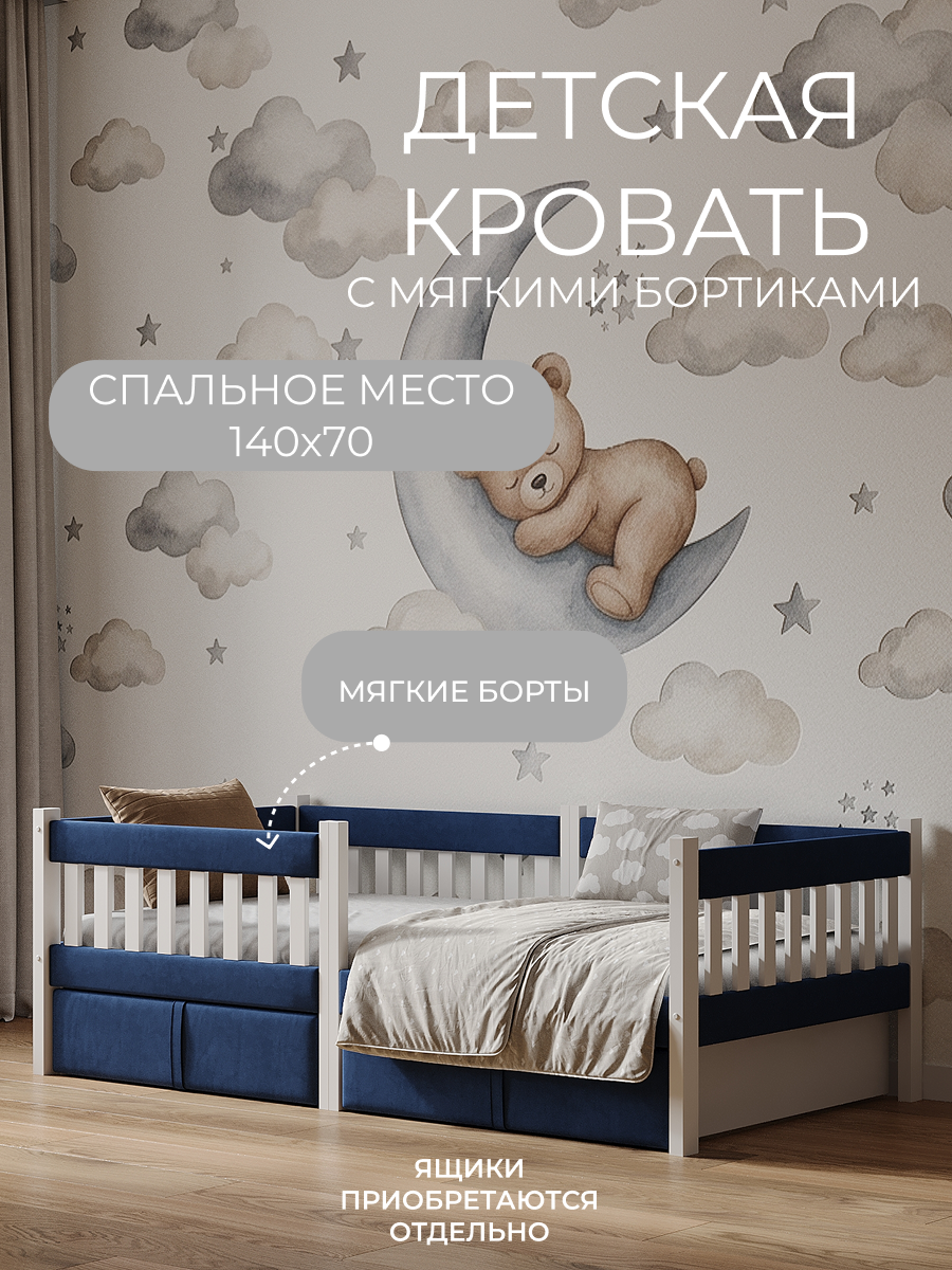 Кровать односпальная Мамина прелесть с мягкими бортиками 140х70см (синий) - фото 1