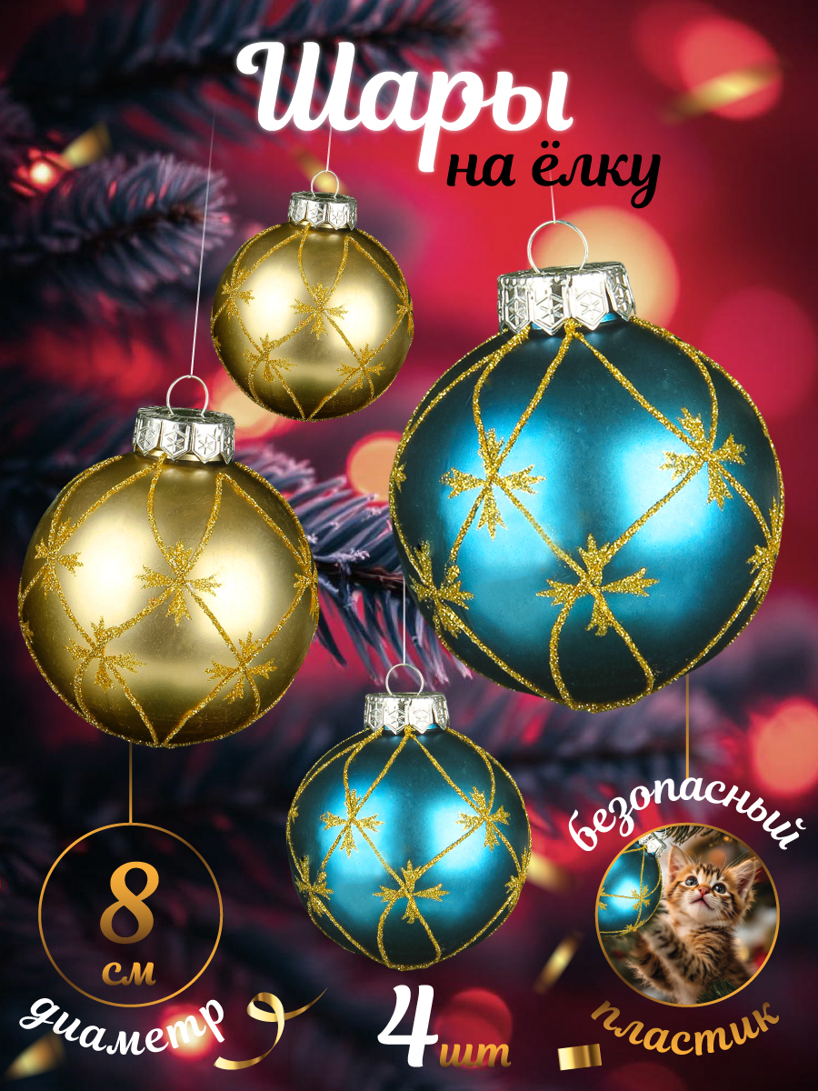 Набор ёлочных украшений Весёлый хоровод Шары 4 штуки с рисунком - фото 1