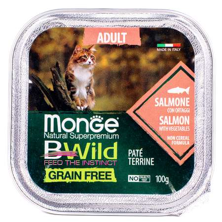 Корм для кошек MONGE BWild Grain free из лосося с овощами консервированный 100г