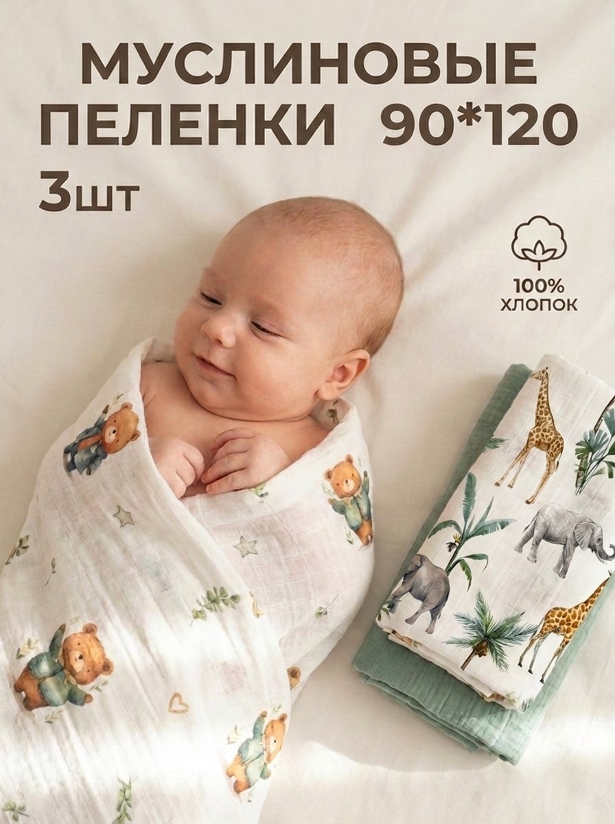 Пелёнка Сонный ежик пеленки муслин 90х120 см 3 шт. - фото 1