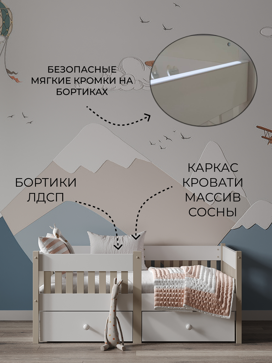 Кровать детская Moms charm с бортиком 160 на 80см (белый/бежевый) - фото 4