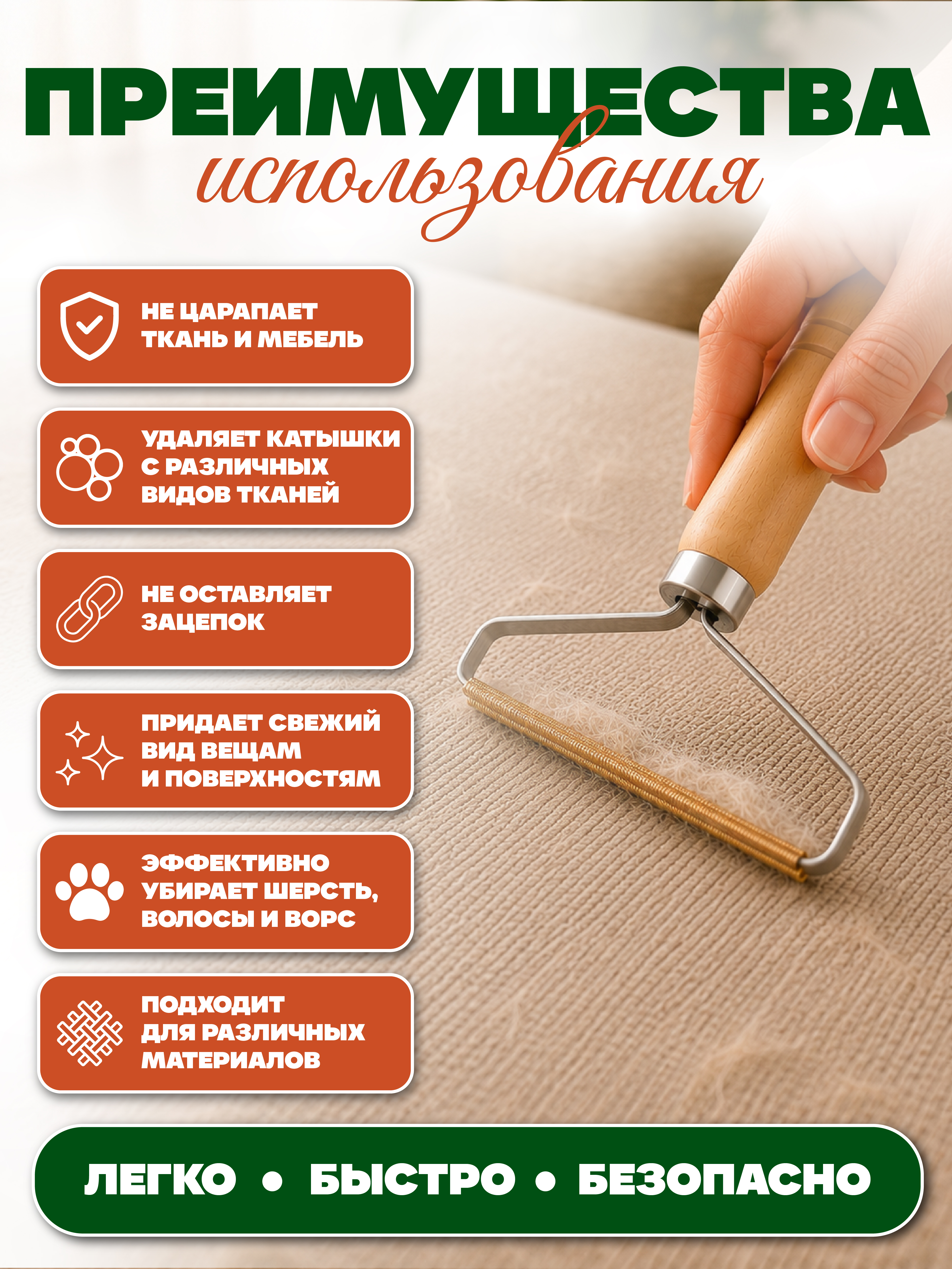 Скребок CLEANLY для удаления шерсти животных и катышек - фото 4