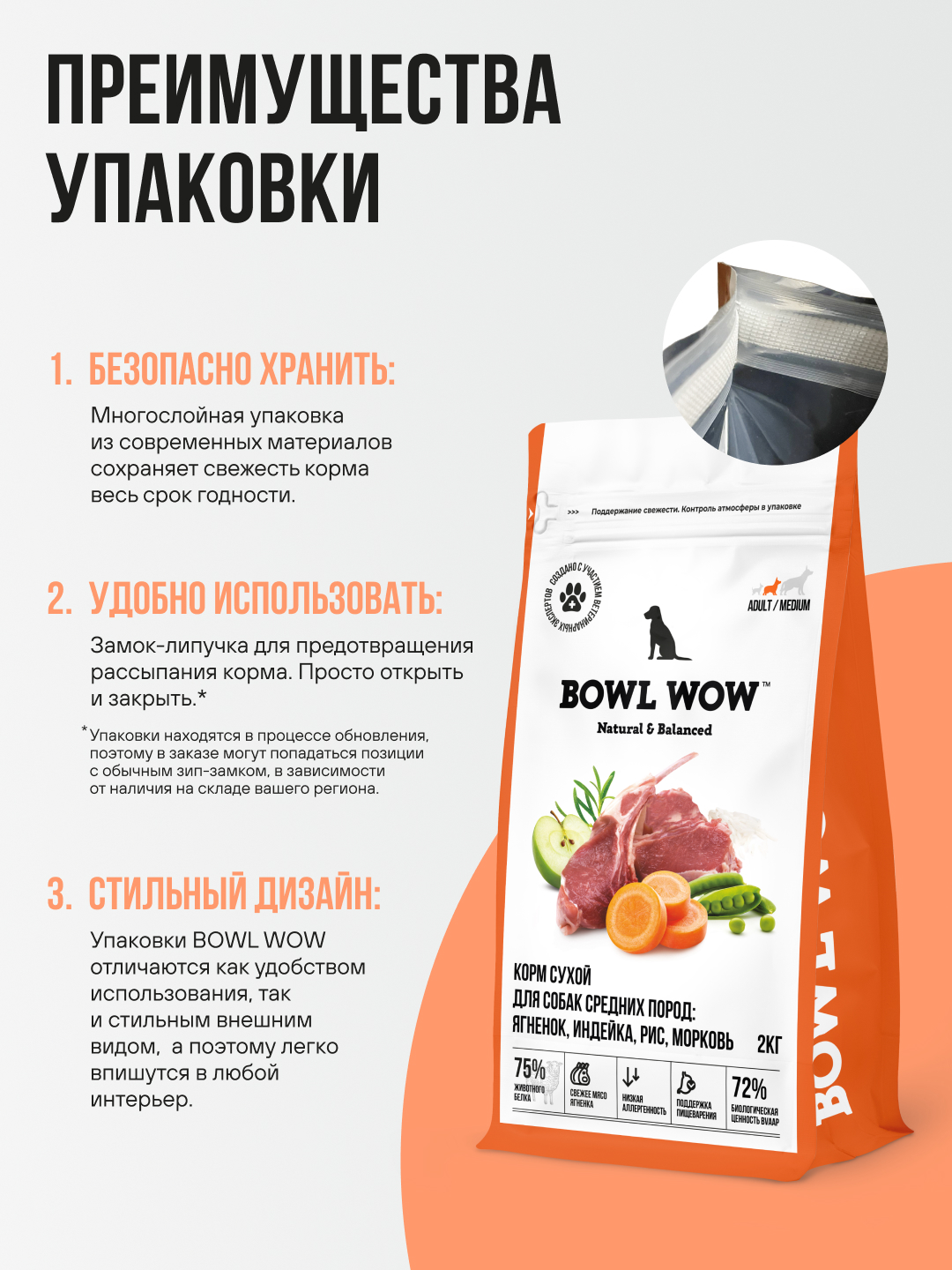 Корм сухой полнорационный BOWL WOW для взрослых собак средних пород с ягненком индейкой и рисом 2кг - фото 6