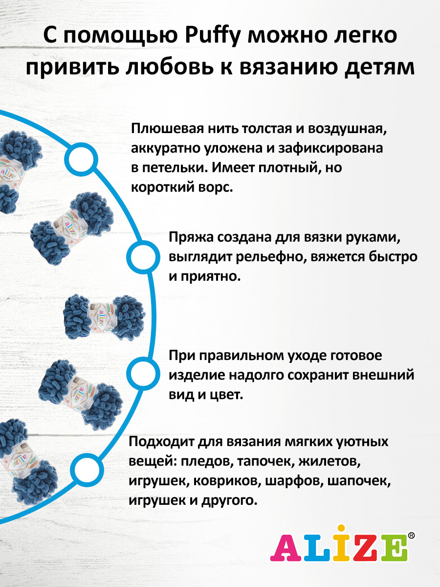 Пряжа для вязания Alize puffy 100 г 9 м микрополиэстер фантазийная плюшевая 637 джинс 5 мотков - фото 3