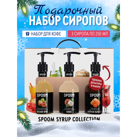 Набор сиропов SPOOM Кокос Лесной орех Соленая карамель для кофе 3шт 250мл + 3 дозатора