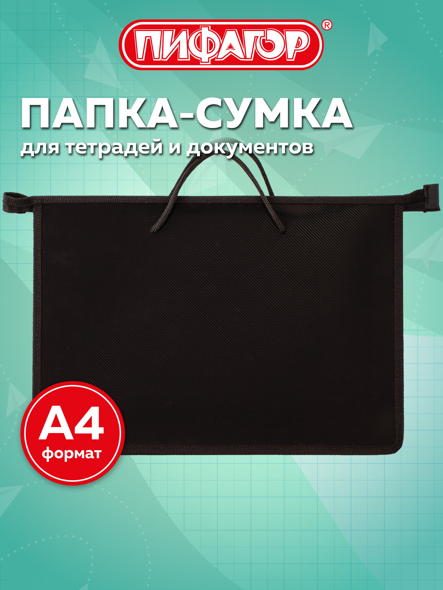 Папка-сумка Пифагор для документов тетрадей для школы канцелярская с ручками на молнии - фото 1