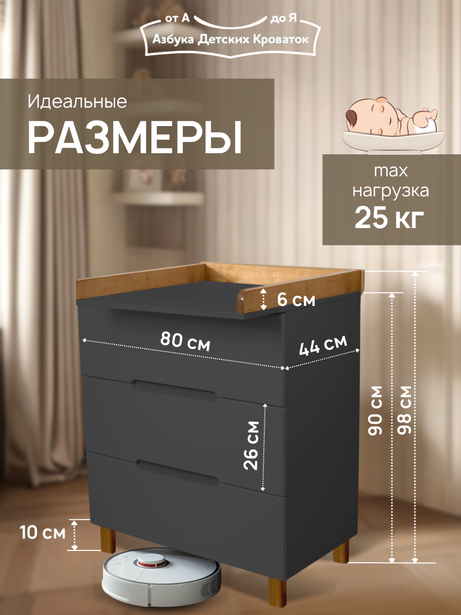 Комод пеленальный Азбука Кроваток Аврора 3 ящика графит бук - фото 3