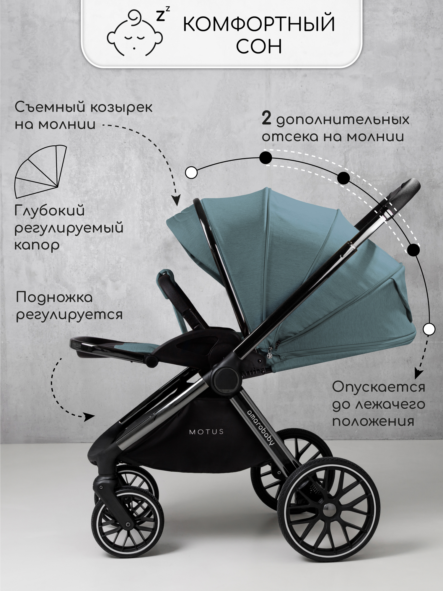 Коляска 2в1 Amarobaby Motus V2 бирюзовый - фото 13