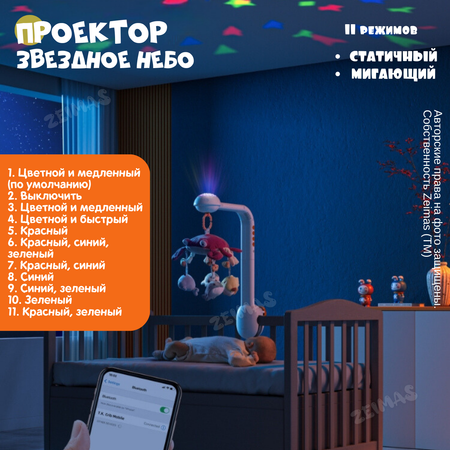 Музыкальный мобиль в кроватку Zeimas с bluetooth регулировкой громкости и проектором звездного неба развивающая игрушка