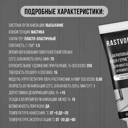 Акриловый клей-герметик RASTVOR для монтажа и ремонта 115 мл