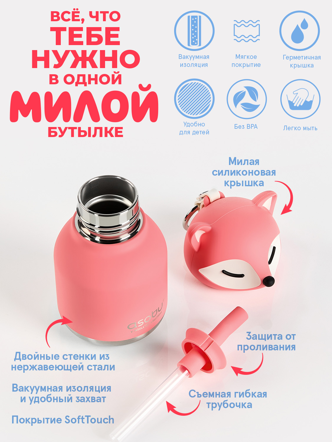 Термобутылка ASOBU Bestie mini Лиса, 200 мл - фото 4