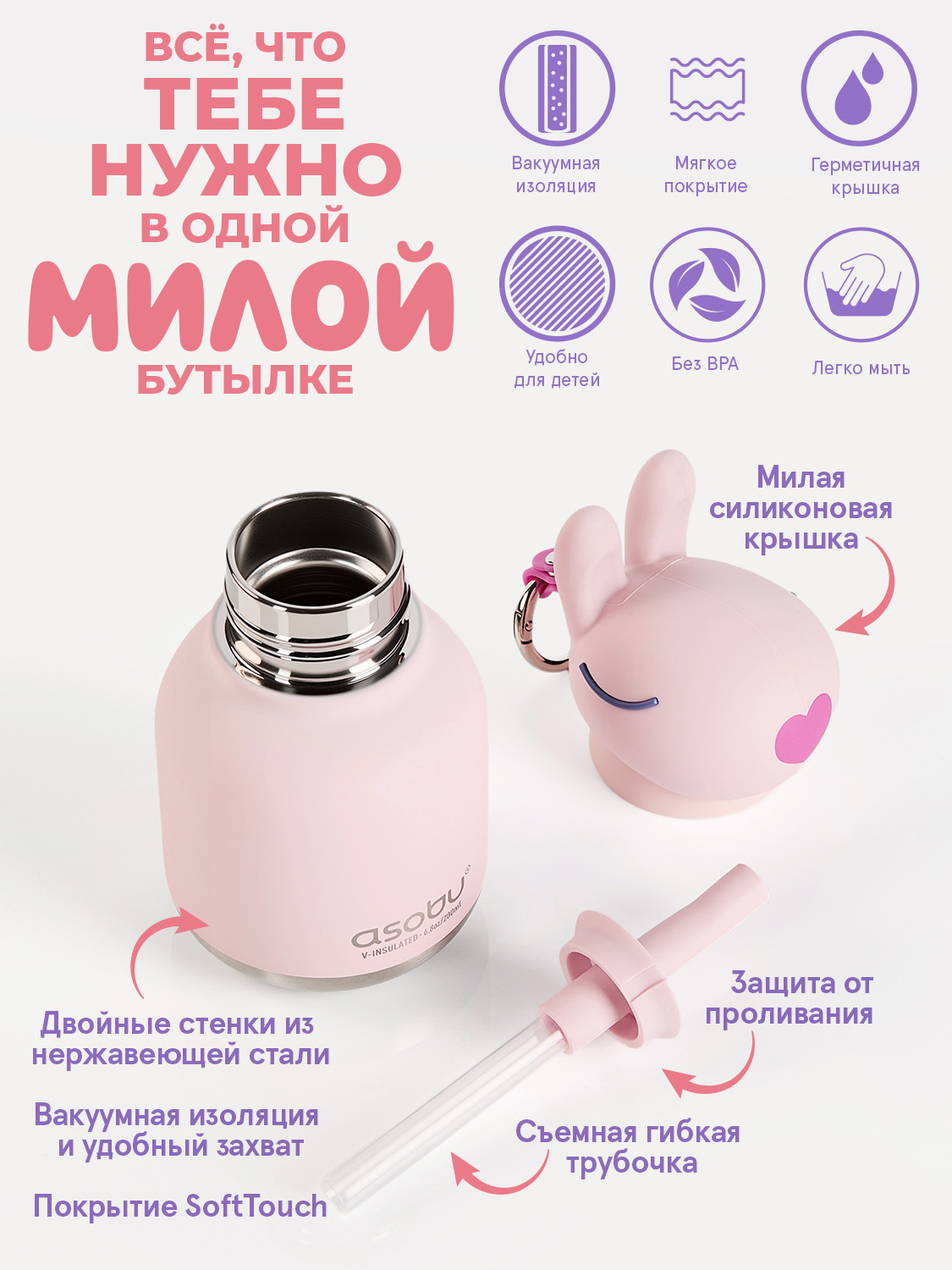 Термобутылка ASOBU Bestie mini Кролик, 200 мл - фото 3