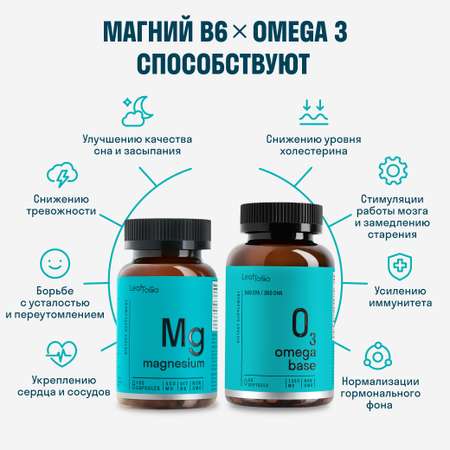 Магний В6 + Омега 3 LeafToGo для здоровья сердца и мозга, 90 капсул
