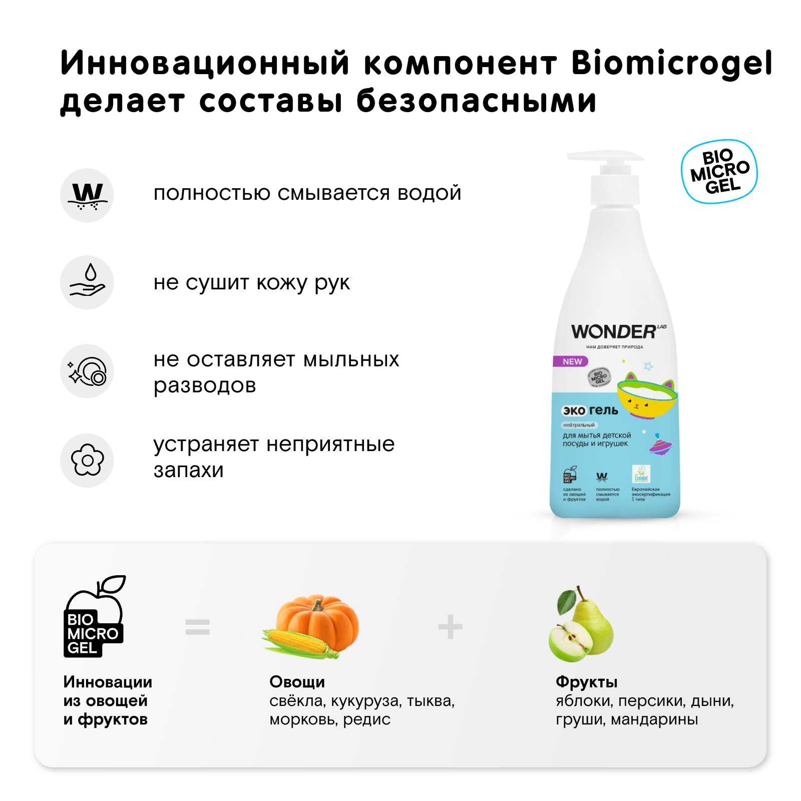WONDER LAB Набор детские эко средства для малышей: эко гель для купания, эко мыло нейтральное, эко пена для подмывания, эко гель для игрушек - фото 4