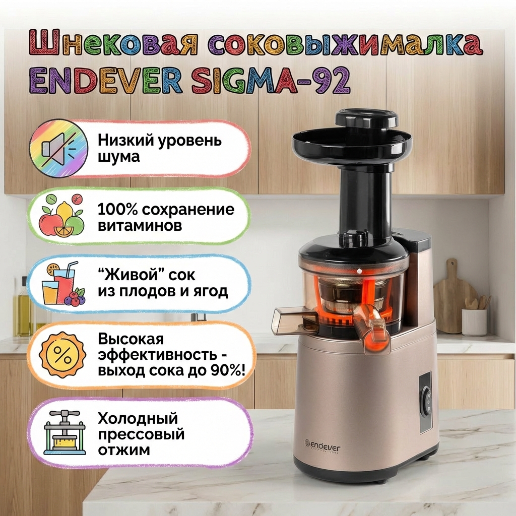 Изображение товара Шнековая соковыжималка ENDEVER SIGMA-92 с функцией реверса и низким уровнем шума