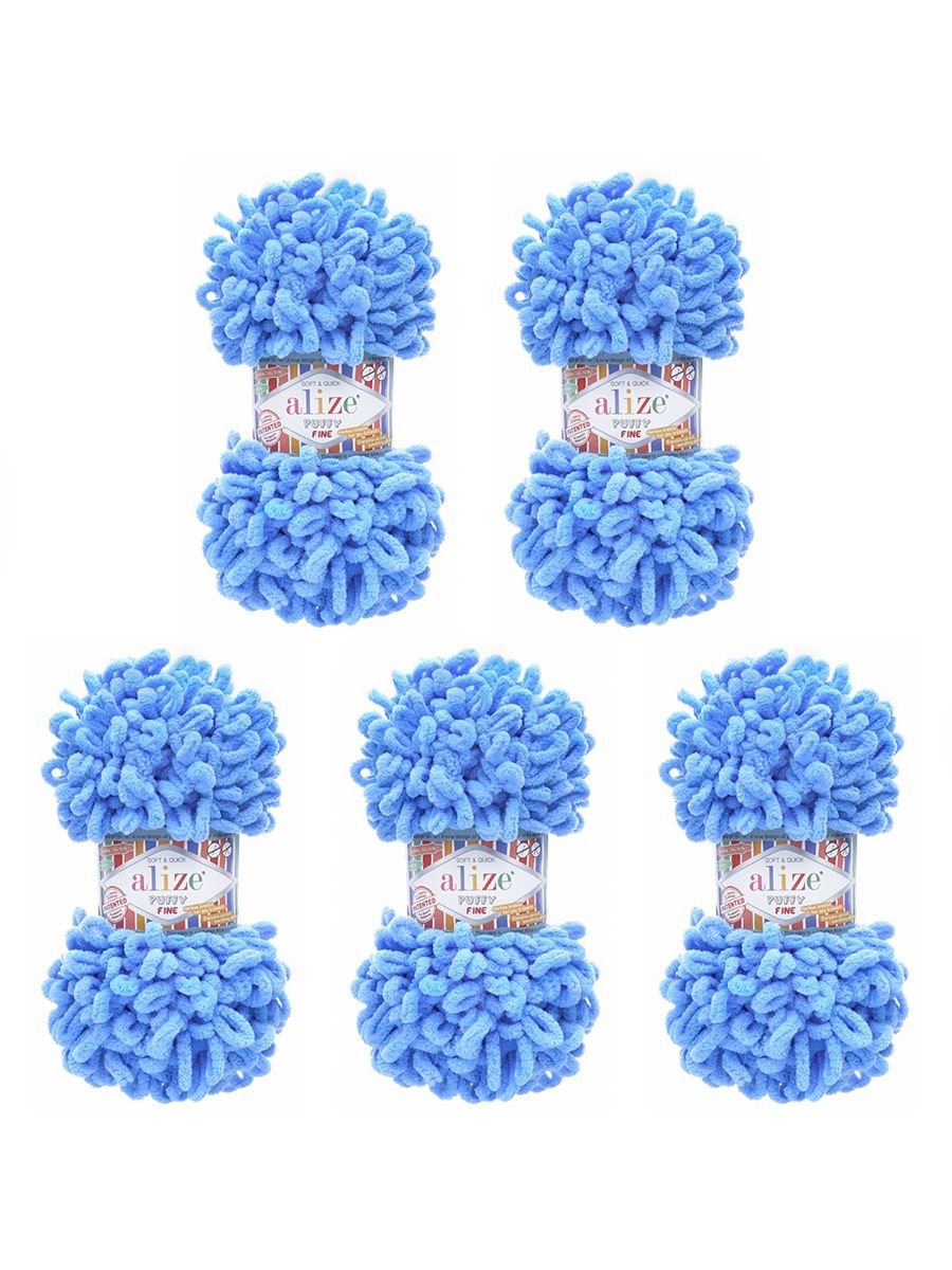 Пряжа для вязания Alize puffy fine 100 г 14.5 м микрополиэстер фантазийная мягкая 112 голубой 5 мотков - фото 6